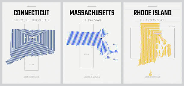 ilustrações, clipart, desenhos animados e ícones de pôsteres de vetores detalham mapas de silhuetas dos estados da américa com padrão linear abstrato, division new england - connecticut, massachusetts, rhode island - conjunto 2 de 17 - new england region