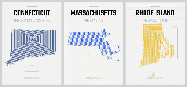 Vector posters detailed silhouettes maps of the states of America with abstract linear pattern, Division New England - Connecticut, Massachusetts, Rhode Island - set 2 of 17 Vector posters detailed silhouettes maps of the states of America with abstract linear pattern, Division New England - Connecticut, Massachusetts, Rhode Island - set 2 of 17 massachusetts map stock illustrations