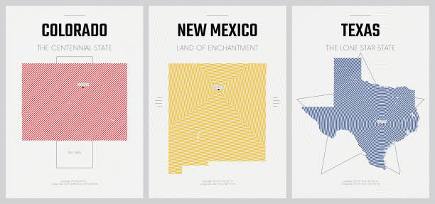 illustrations, cliparts, dessins animés et icônes de affiches vectorielles silhouettes détaillées cartes des états d’amérique avec motif linéaire abstrait, division mountain et west south central - colorado, nouveau-mexique, texas - set 13 de 17 - aerial view albuquerque new mexico usa