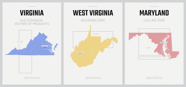 wektorowe plakaty szczegółowe sylwetki mapy stanów ameryki z abstrakcyjnym wzorem liniowym, division south atlantic - virginia, wirginia zachodnia, maryland - zestaw 8 z 17 - maryland map vector shape stock illustrations