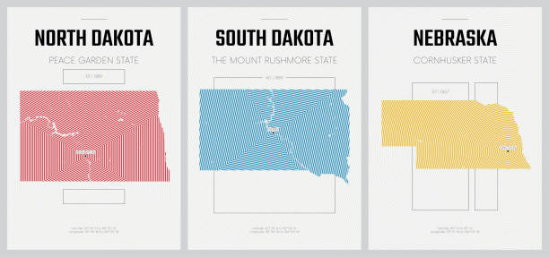 illustrations, cliparts, dessins animés et icônes de affiches vectorielles silhouettes détaillées cartes des états d’amérique avec motif linéaire abstrait, division west north central - dakota du nord, dakota du sud, nebraska - set 7 de 17 - map dakota south dakota north