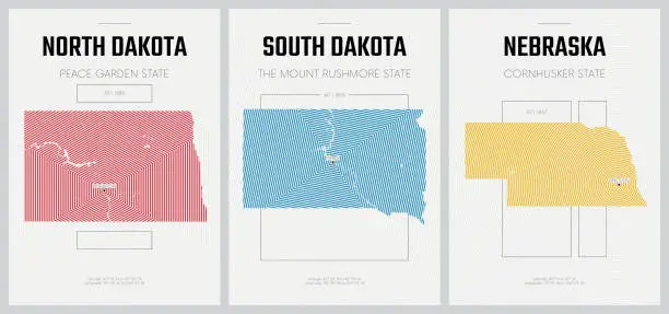 Vector illustration of Vector posters detailed silhouettes maps of the states of America with abstract linear pattern, Division West North Central - North Dakota, South Dakota, Nebraska - set 7 of 17