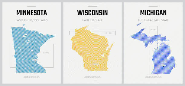 Vector posters detailed silhouettes maps of the states of America with abstract linear pattern, The Great Lakes region - Minnesota, Wisconsin,  Michigan - set 5 of 17 Vector posters detailed silhouettes maps of the states of America with abstract linear pattern, The Great Lakes region - Minnesota, Wisconsin,  Michigan - set 5 of 17 minnesota map stock illustrations