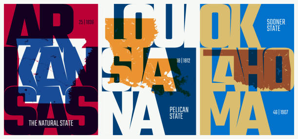 istock Vector posters states of the United States with a name, nickname, date admitted to the Union, Division West South Central - Arkansas, Louisiana, Oklahoma - set 12 of 17 1321307777