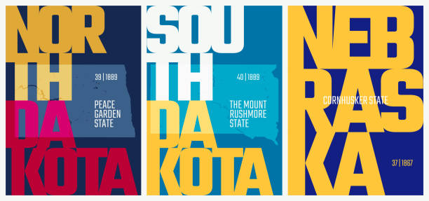wektorowe plakaty stanów stanów zjednoczonych z nazwą, pseudonim, data dopuszczone do unii, division west north central - dakota północna, dakota południowa, nebraska - zestaw 7 z 17 - map dakota south dakota north stock illustrations
