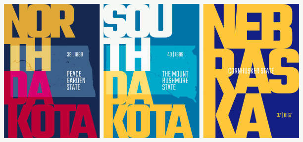 Vector posters states of the United States with a name, nickname, date admitted to the Union, Division West North Central - North Dakota, South Dakota, Nebraska - set 7 of 17 Vector posters states of the United States with a name, nickname, date admitted to the Union, Division West North Central - North Dakota, South Dakota, Nebraska - set 7 of 17 omaha stock illustrations