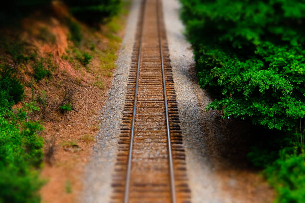istock Railroad tracks with tilt shift lens effect 1321308053