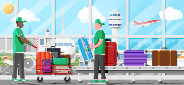 męski mover i przenośnik lotniskowy taśmowy. - luggage cart baggage claim luggage hand truck stock illustrations