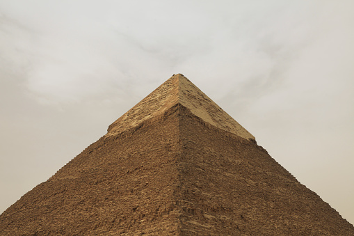 Giza, Cairo, Egypt - Aug 04, 1991: view of  the Piramide di Chefren, the only one that has kept part of the original covering.