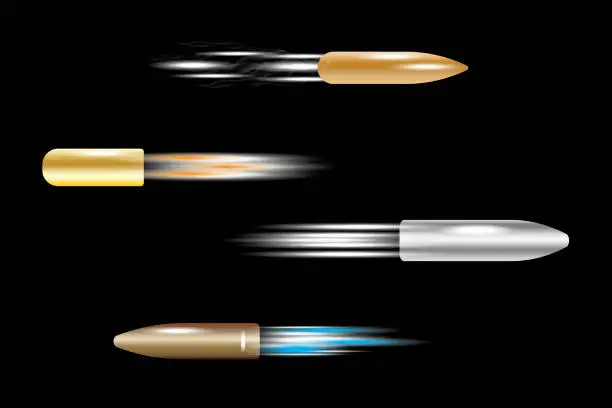 Vector illustration of 3d shot on dust black background. Flying bullets black background in realistic style. Vector illustration. Stock image. EPS 10.