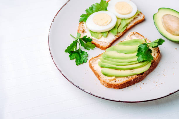 istock Toast with avocado and egg on white plate. Top view. Healthy breakfast 1321309219