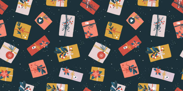 Lovely hand drawn christmas seamless pattern, cute decorated gifts, doodle background, great for textiles, banners, wallpapers, wrapping - vector design Lovely hand drawn christmas seamless pattern, cute decorated gifts, doodle background, great for textiles, banners, wallpapers, wrapping - vector design christmas chaos stock illustrations