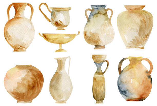 수채화 고�대 도자기 세트, 흰색 배경에 고립 된 일러스트 - jug pitcher pottery old stock illustrations