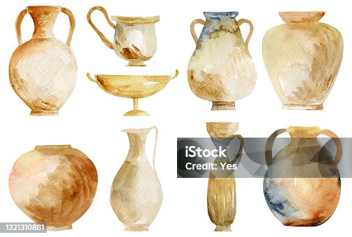 istock Set of watercolor ancient pottery, isolated illustration on white background 1321310881