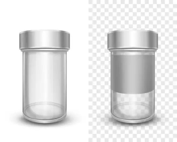 Vector illustration of Empty glass jars with metal silver lids for spices
