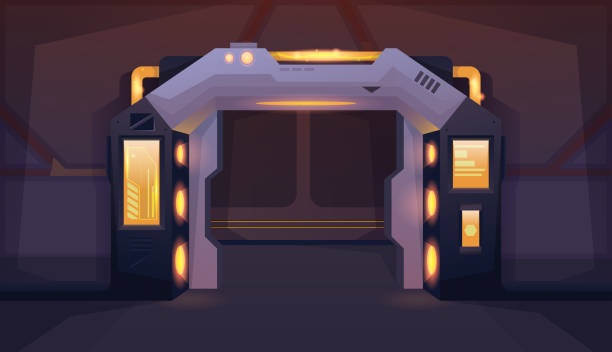 istock Spaceship open door. Hallway with yellow lamp. Background for games and mobile applications. Vector cartoon background 1321313163
