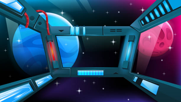 istock Spaceship interior. Space station window with view on alien planets and stars. Viewport with neon. Vector cartoon illustration. 1321313198