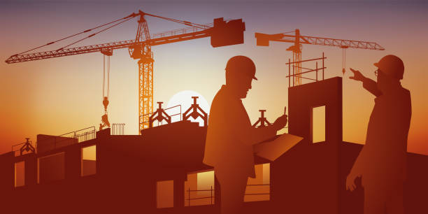 Two site managers discuss and organize the construction of a building. Concept of the organization of the construction site of a building with an architect and a contractor who discuss the progress of the work. concrete silhouettes stock illustrations