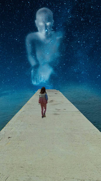 istock Young girl walking on a pier towards a figure 1321313885