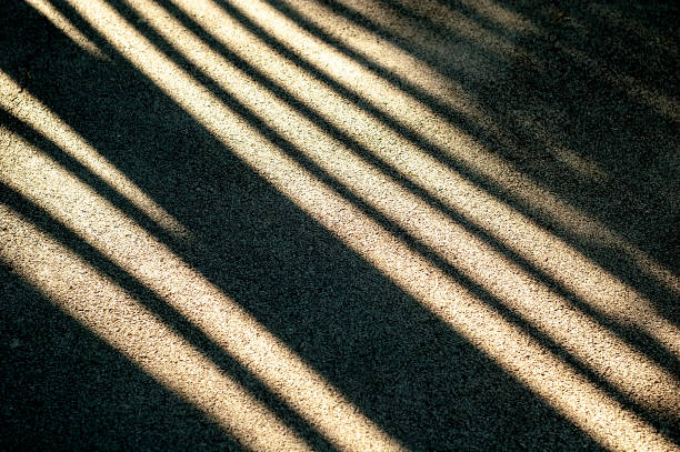 istock Bright sunlight and hard black shadows on the road. Shadow stripes on an asphalt road. 1321314151
