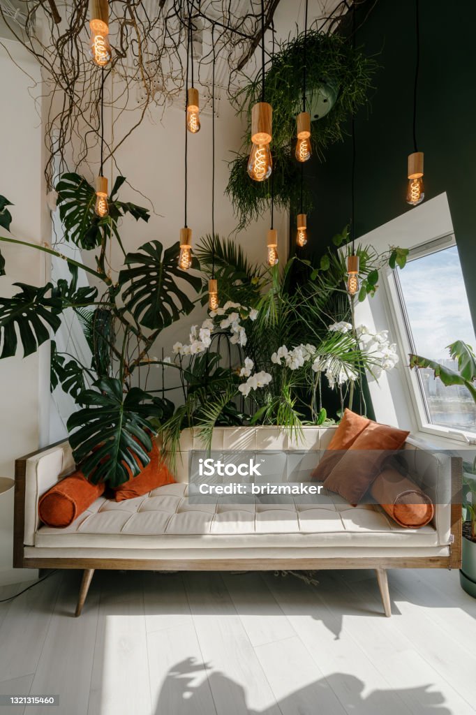 Couch and green plants in cozy living room Vertical shot of light cozy boho style living room with modern beige sofa and orange pillows in relaxing area, decorated with different green plants Rainforest Stock Photo