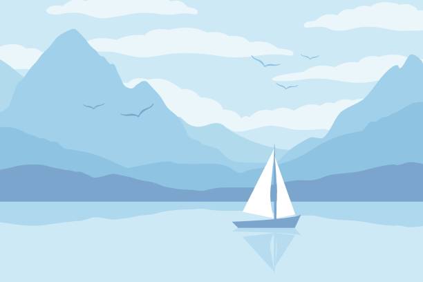 ilustrações de stock, clip art, desenhos animados e ícones de landscape with a sailboat or yacht - sailboat nautical vessel lake sea