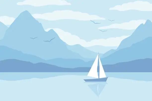 Vector illustration of Landscape with a sailboat or yacht