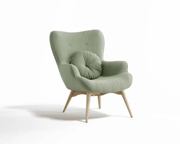 3d rendering of an isolated modern pale green mid century cosy lounge wingback armchair with round cushion a mockup scene