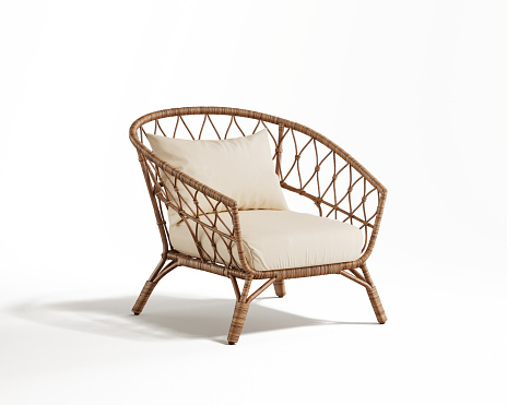 3d rendering of an isolated modern rattan wicker lounge wooden chair in all white background