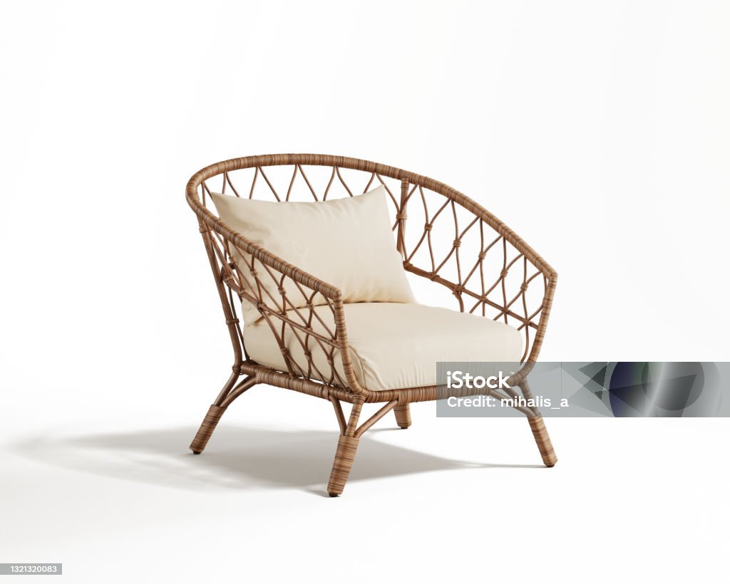 3d rendering of an isolated modern rattan wicker lounge wooden chair 3d rendering of an isolated modern rattan wicker lounge wooden chair in all white background Chair Stock Photo