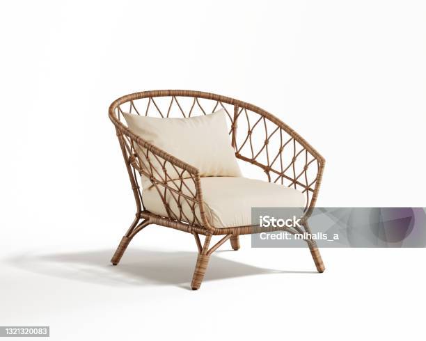 3d Rendering Of An Isolated Modern Rattan Wicker Lounge Wooden Chair Stock Photo - Download Image Now