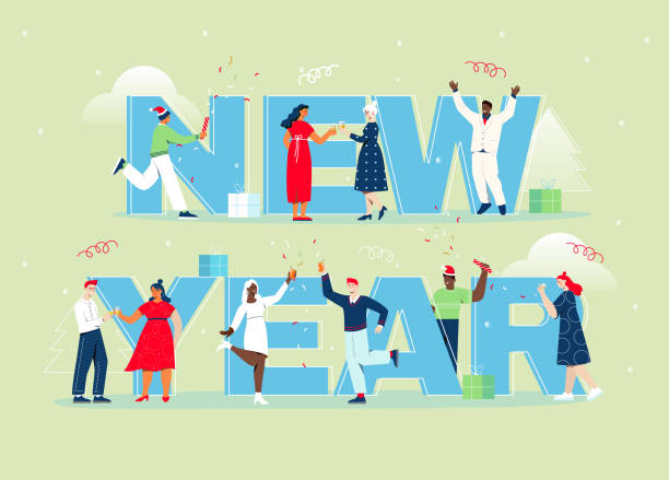 Male female characters celebrating holiday Happy New year concept. Male female characters celebrating holiday, Corporate party concept. Group of happy people clinking glasses, dancing, enjoying holiday. Celebration poster. Flat vector design new years eve party stock illustrations