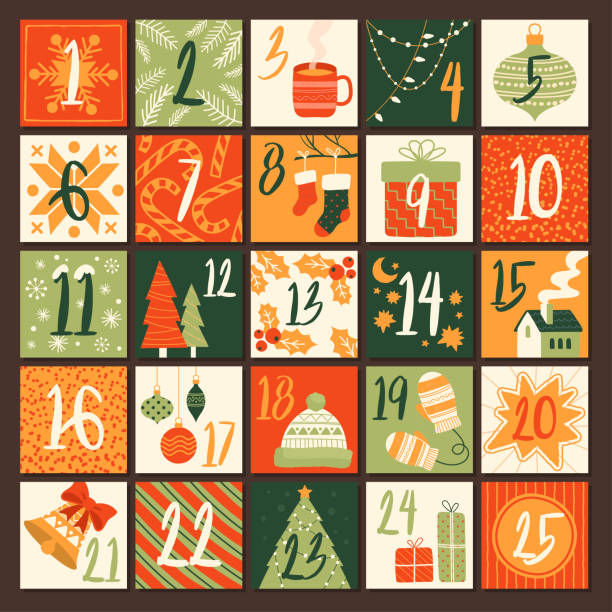 ilustraciones, imágenes clip art, dibujos animados e iconos de stock de lindo calendario de adviento navideño dibujado a mano - calendario adviento