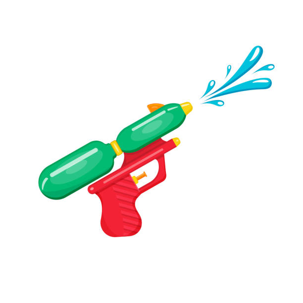 ilustraciones, imágenes clip art, dibujos animados e iconos de stock de ilustración vectorial de una pistola de agua en forma de pera, dispara bajo presión de agua, aislada sobre un fondo blanco. - pistola de agua