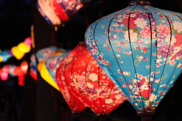 istock retro colorful traditional Chinese lanterns at dark night 1321324197