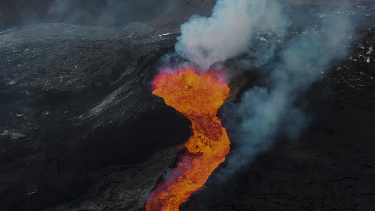 Scenic aerial view of Fagradalsfjall  volcano eruption in Iceland