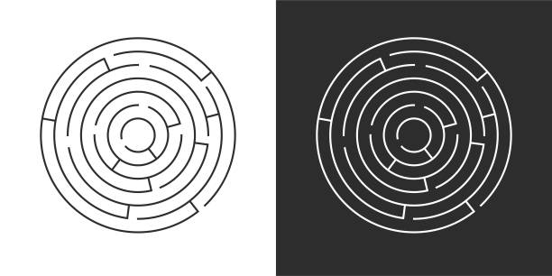 Circle maze set. Circle maze set. Labyrinth template on white and black background. Vector illustration isolated. maze stock illustrations