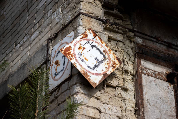 istock Oblique rusty plaque with number 3 on old destroyed abandoned building in pine forest near ghost town Pripyat, Chernobyl Exclusion Zone, Ukraine 1321331330