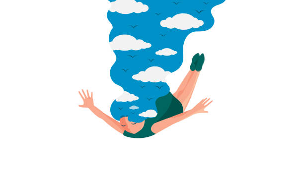 ilustrações, clipart, desenhos animados e ícones de ilustração de sonhos voadores. mulher com cabelo de céu e nuvens caindo isolada em fundo branco. voando no conceito de sonhos. relaxe, sonhando. ilustração vetorial - calming down