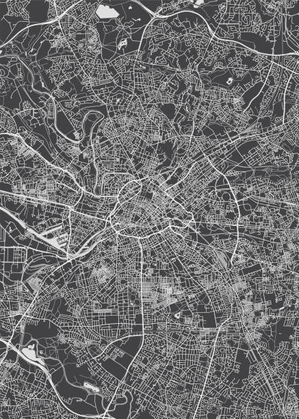 ilustrações, clipart, desenhos animados e ícones de mapa da cidade manchester, plano detalhado monocromático, ilustração vetorial - grande manchester