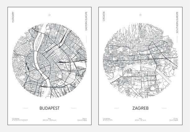 reise-plakat, stadtstraße plan stadtplan budapest und zagreb, vektor-illustration - hungary budapest map cartography stock-grafiken, -clipart, -cartoons und -symbole