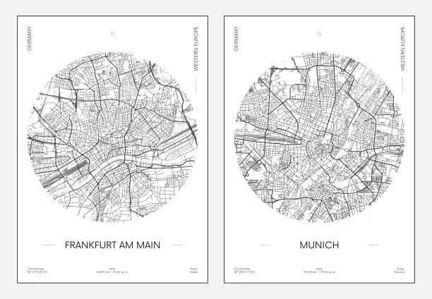 Vector illustration of Travel poster, urban street plan city map Frankfurt am Main and Munich, vector illustration