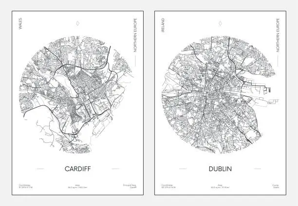 Vector illustration of Travel poster, urban street plan city map Cardiff and Dublin, vector illustration