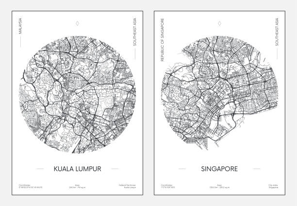 ilustraciones, imágenes clip art, dibujos animados e iconos de stock de cartel de viaje, mapa urbano de la ciudad de kuala lumpur y singapur, ilustración vectorial - southeastern region