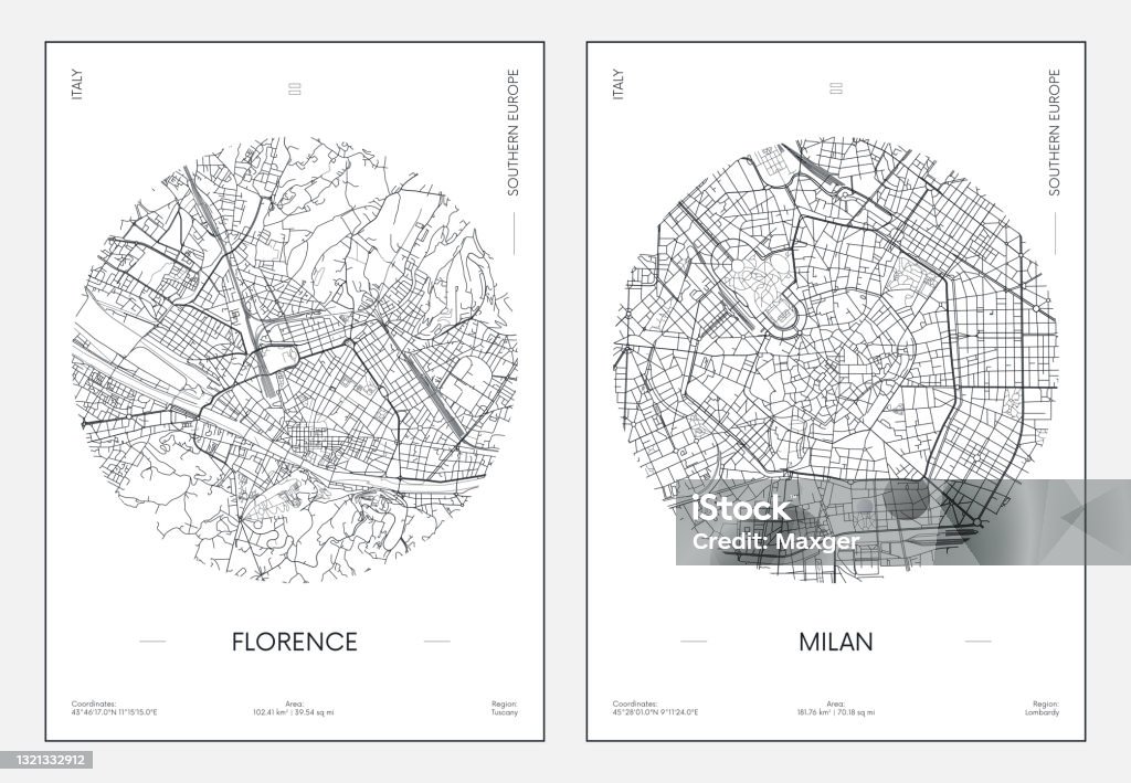 Poster di viaggio, mappa urbana della città di Firenze e Milano, illustrazione vettoriale - arte vettoriale royalty-free di Carta geografica