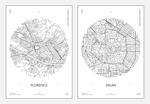 illustrazioni stock, clip art, cartoni animati e icone di tendenza di poster di viaggio, mappa urbana della città di firenze e milano, illustrazione vettoriale - milan city