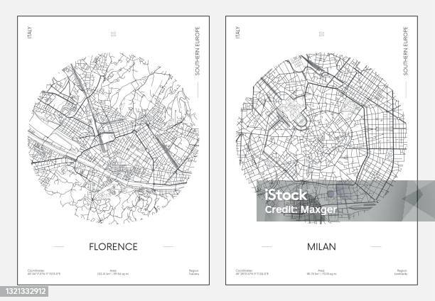 Poster Di Viaggio Mappa Urbana Della Città Di Firenze E Milano Illustrazione Vettoriale - Immagini vettoriali stock e altre immagini di Carta geografica