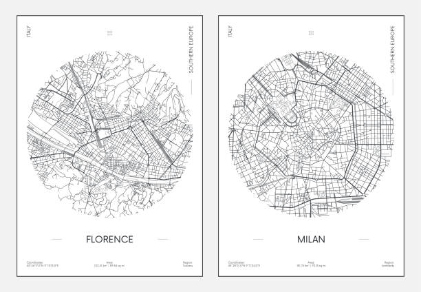 ilustrações, clipart, desenhos animados e ícones de pôster de viagem, plano urbano de rua mapa cidade florença e milão, ilustração vetorial - milão