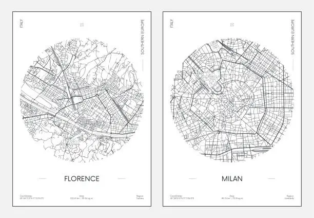 Vector illustration of Travel poster, urban street plan city map Florence and Milan, vector illustration