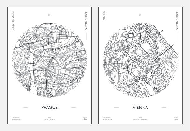 여행 포스터, 도시 거리 계획 도시지도 프라하와 비엔나, 벡터 일러스트 - prague czech republic high angle view aerial view stock illustrations